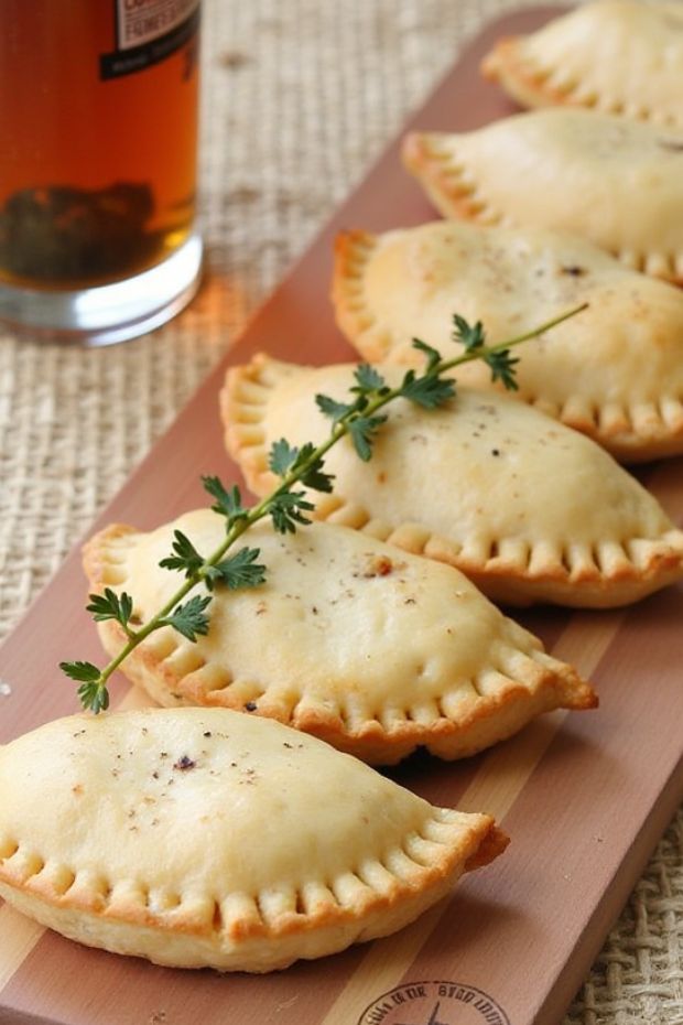 Golden-brown mushroom and caramelized onion hand pies with flaky crusts and garnished with fresh herbs.