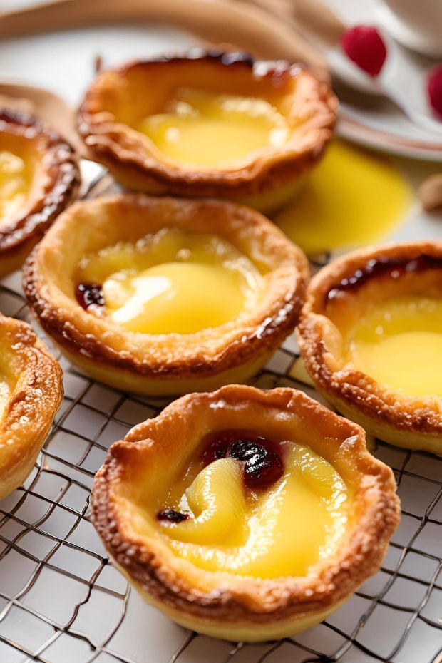 Delicious pastéis de nata with a flaky crust and creamy custard filling, beautifully displayed on a cooling rack.