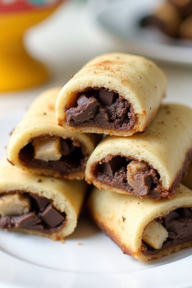 Peanut butter and chocolate rugelach pastries with flaky layers and rich chocolate filling.