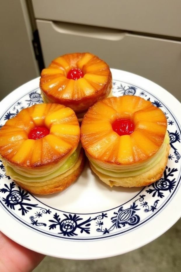 Tropical pineapple upside-down danishes with cherry centers on a decorative plate.