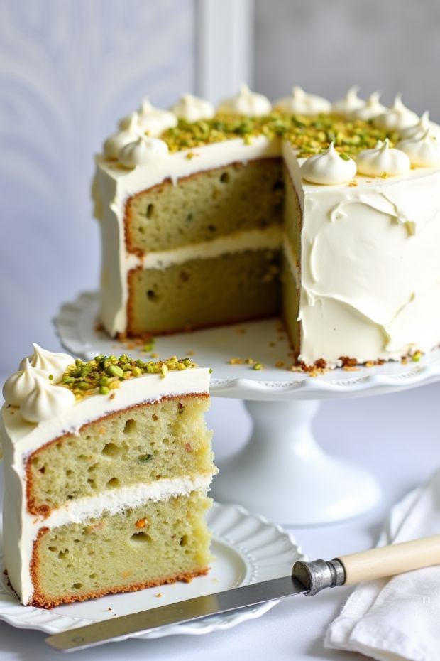 A slice of pistachio rosewater layer cake with creamy frosting and crushed pistachios, perfect for special occasions.