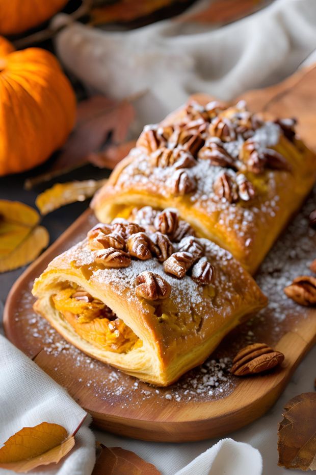Pumpkin praline danish with creamy filling and pecan topping in an autumn setting.