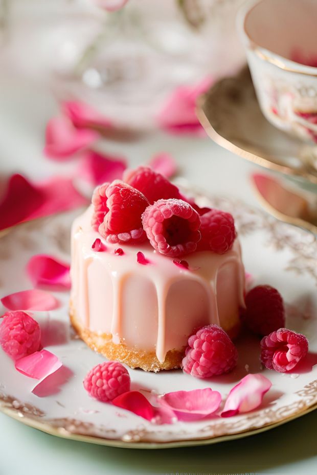 Elegant raspberry rose water mini cake with fresh raspberries, glossy glaze, and pink petals on a floral plate.