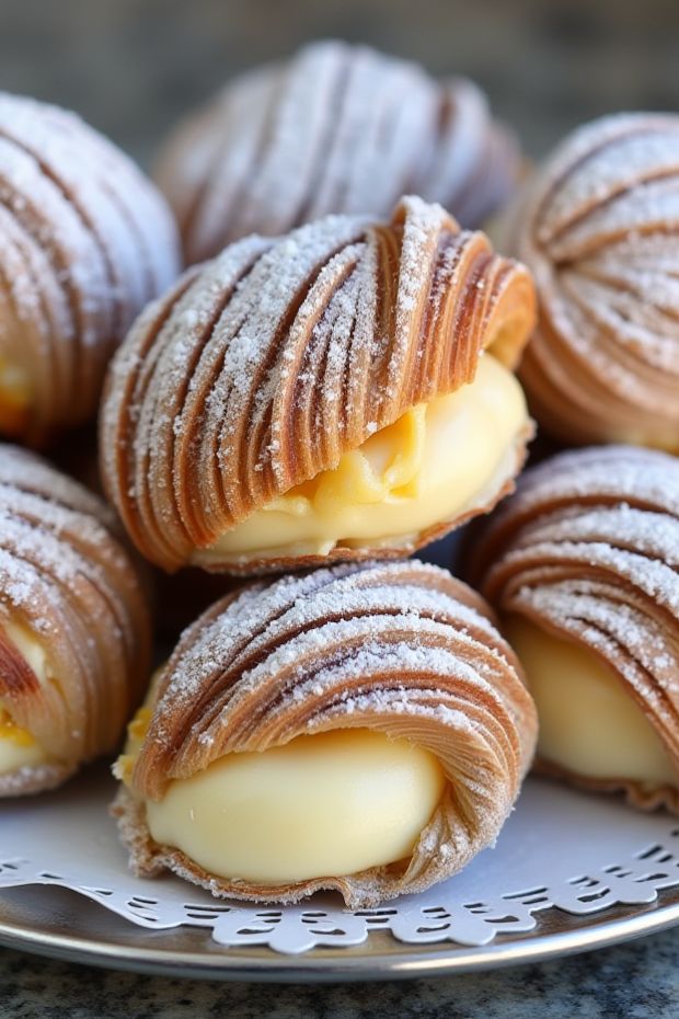 Traditional sfogliatelle pastries with ricotta filling, beautifully presented and dusted with powdered sugar.