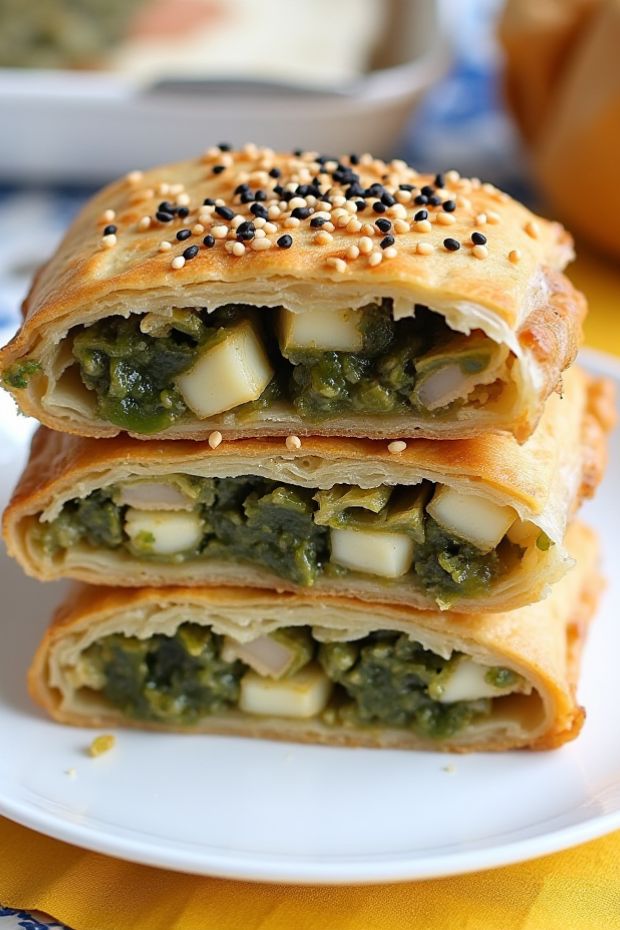 Golden-brown spinach and feta borek pastries topped with sesame seeds, featuring a crispy phyllo pastry scrumptious filling.