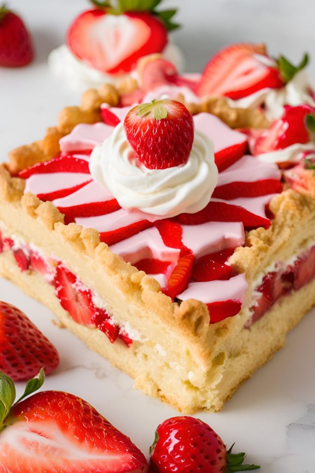 Slice of strawberry shortcake with fresh strawberries and whipped cream atop a golden crust.