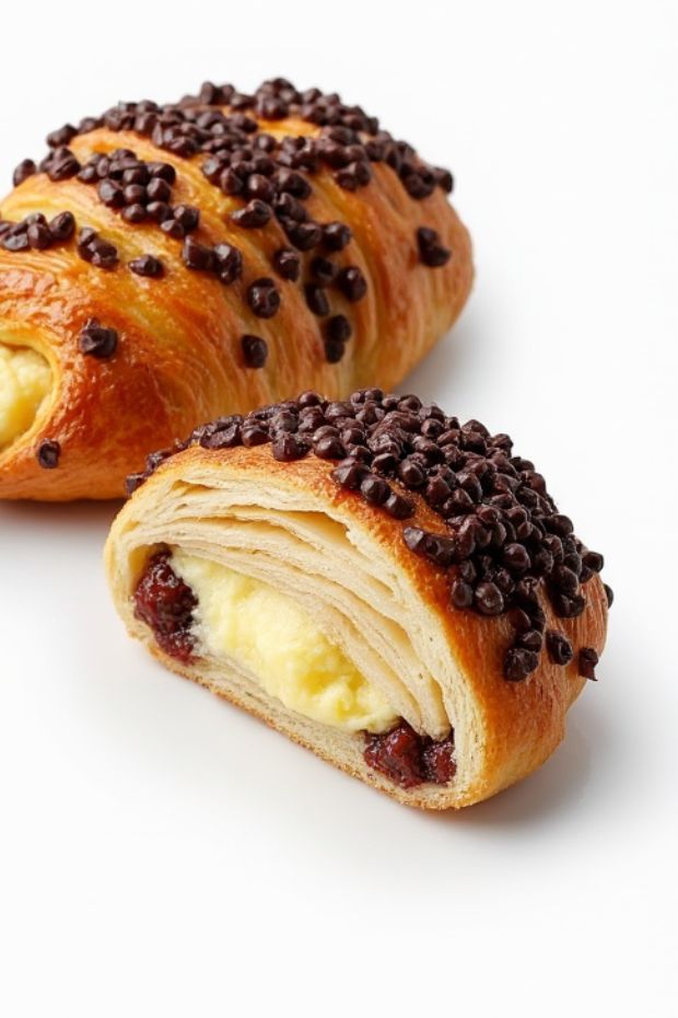 Triple chocolate croissants with flaky layers, creamy filling, and rich chocolate chips, perfect for chocolate lovers.