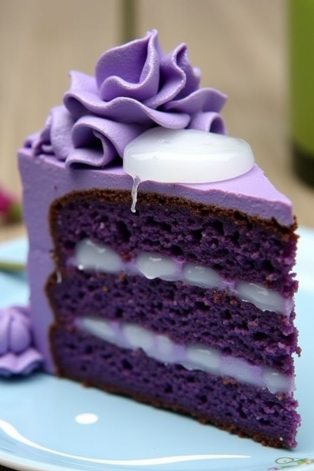 Ube Macapuno Cake with layers of ube sponge and creamy coconut filling, topped with ube frosting and coconut cream.