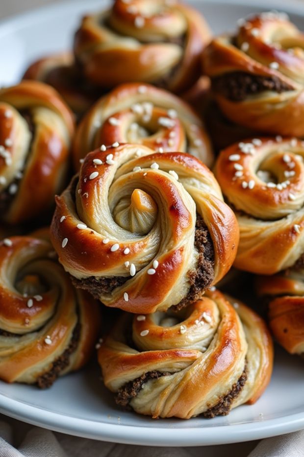 Golden flaky za'atar and cheese puff pastry swirls topped with sesame seeds.