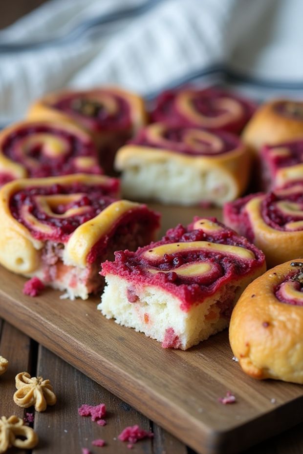 Vibrant herbed ricotta and beetroot rolls on a wooden board.