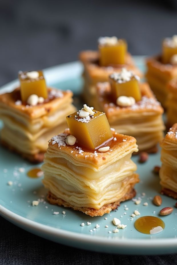Delicious brie and caramelized pear puffs on a teal plate, perfect for appetizers or gourmet snacks.