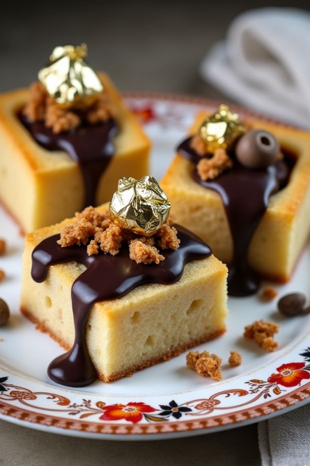 Brown butter hazelnut financiers topped with chocolate and caramel, perfect for a delicious French dessert.