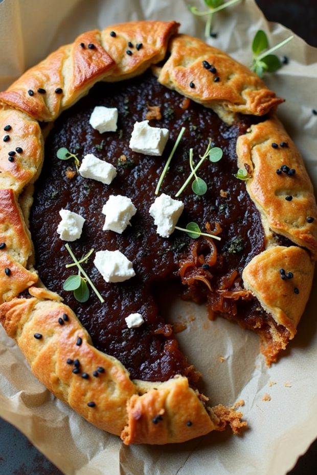 A savory galette featuring caramelised onions and goat cheese on a flaky crust, garnished with microgreens.
