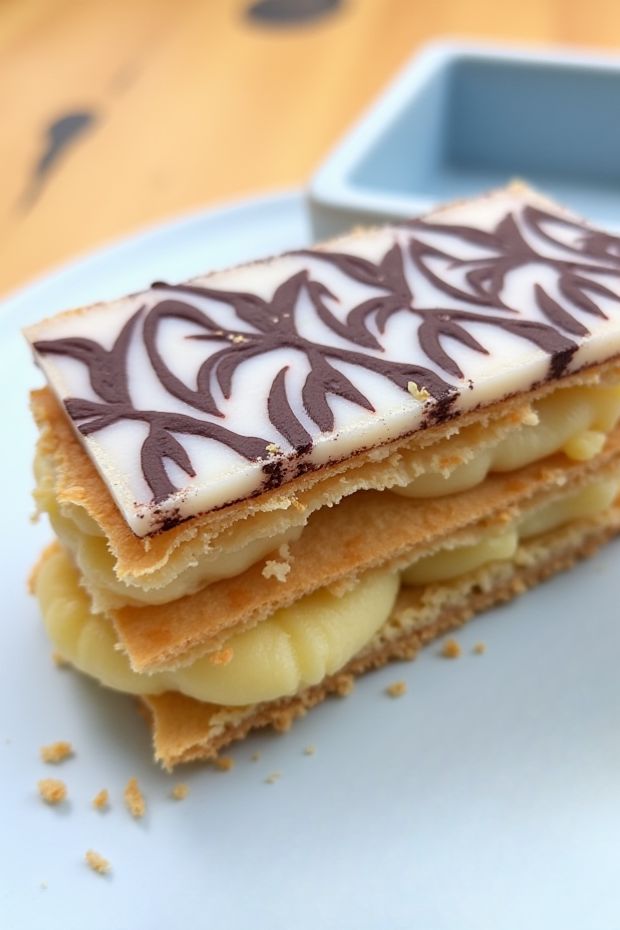 Chocolate Mint Mille-Feuille with layers of pastry and chocolate cream, styled elegantly on a plate.