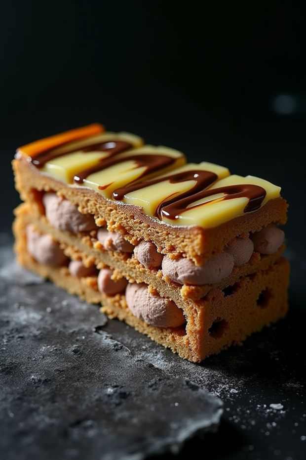 Layered chocolate pistachio napoleons featuring rich cream and elegant design for a delightful dessert.