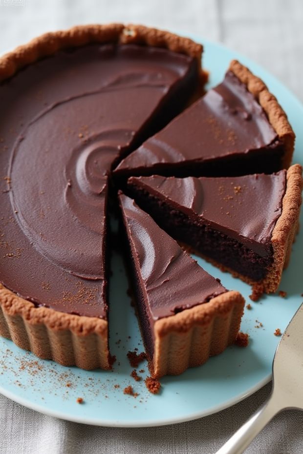Rich chocolate rye tartlets on a blue plate, elegantly sliced displaying the decadent filling.