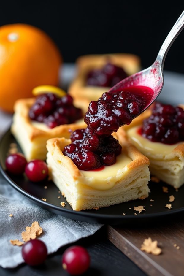 Cranberry Orange Puff Squares topped with vibrant cranberry compote and served on a black plate with fresh oranges.