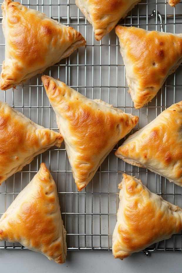 Crispy curry potato triangle pockets freshly made and served on a cooling rack, perfect for snacks or appetizers.
