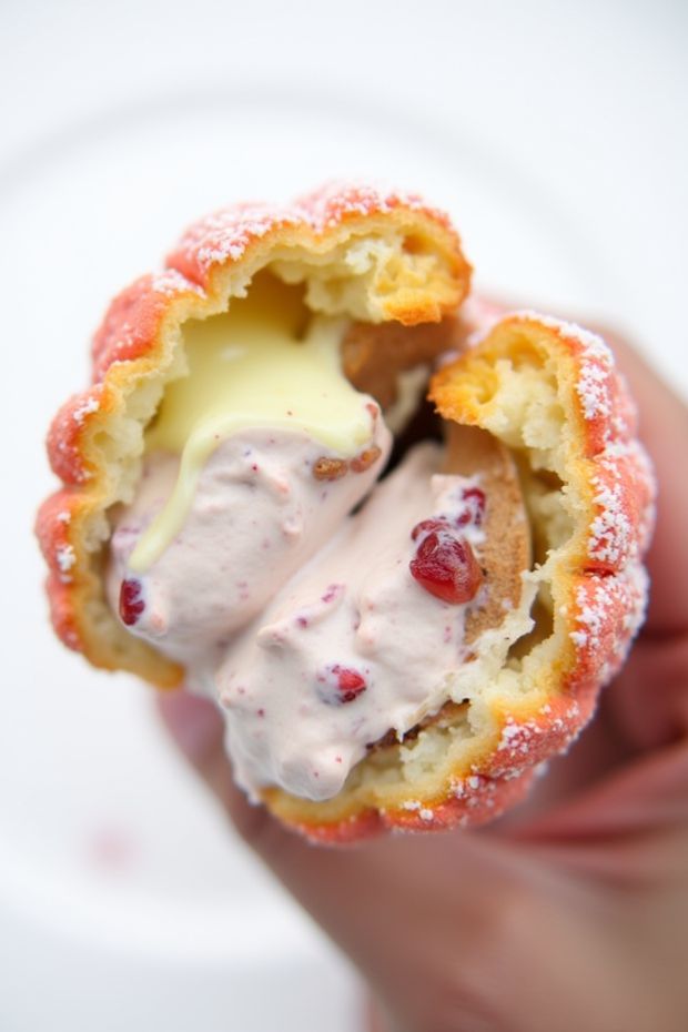 Lychee and raspberry puff pockets filled with creamy fruit filling, dusted with powdered sugar.