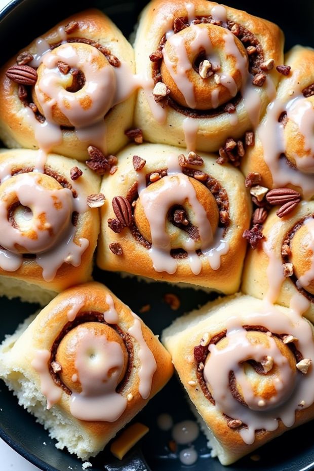 Delicious maple pecan cinnamon rolls topped with creamy glaze and pecans, perfect for breakfast or brunch.