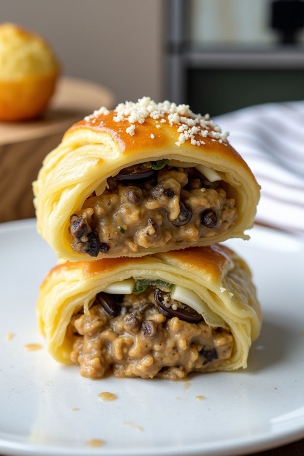 Miso mushroom and parmesan turnovers served on a white plate, showcasing a delicious pastry with savory filling.