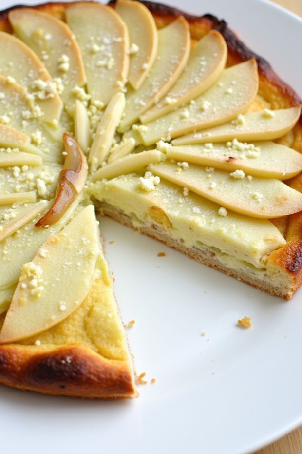 Deliciously crafted pear and mascarpone galette with golden crust and sliced pears.