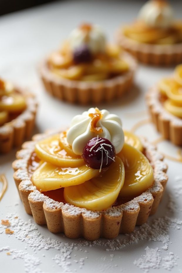 Delicious pineapple rum tartlets with whipped cream and caramel drizzling.