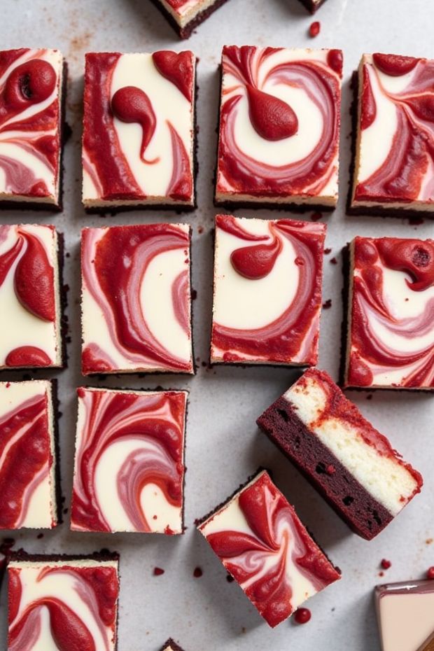 Red velvet cream cheese swirl brownies with a marbled effect, showcasing the rich chocolate and creamy toppings.