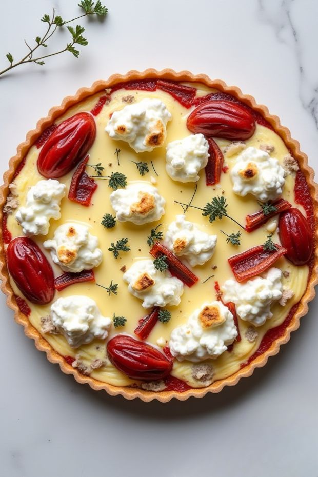 Roasted red pepper and goat cheese tarts with fresh herbs in a golden pastry shell.