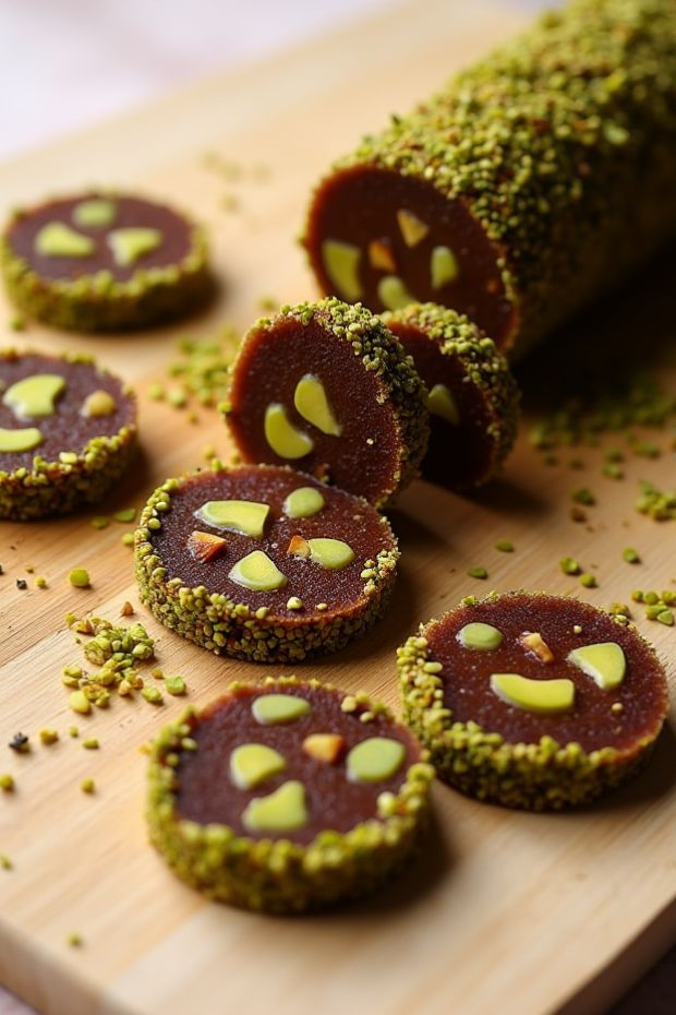 Healthy spiced date and pistachio rolls, showcasing a blend of natural ingredients for a nutritious treat.