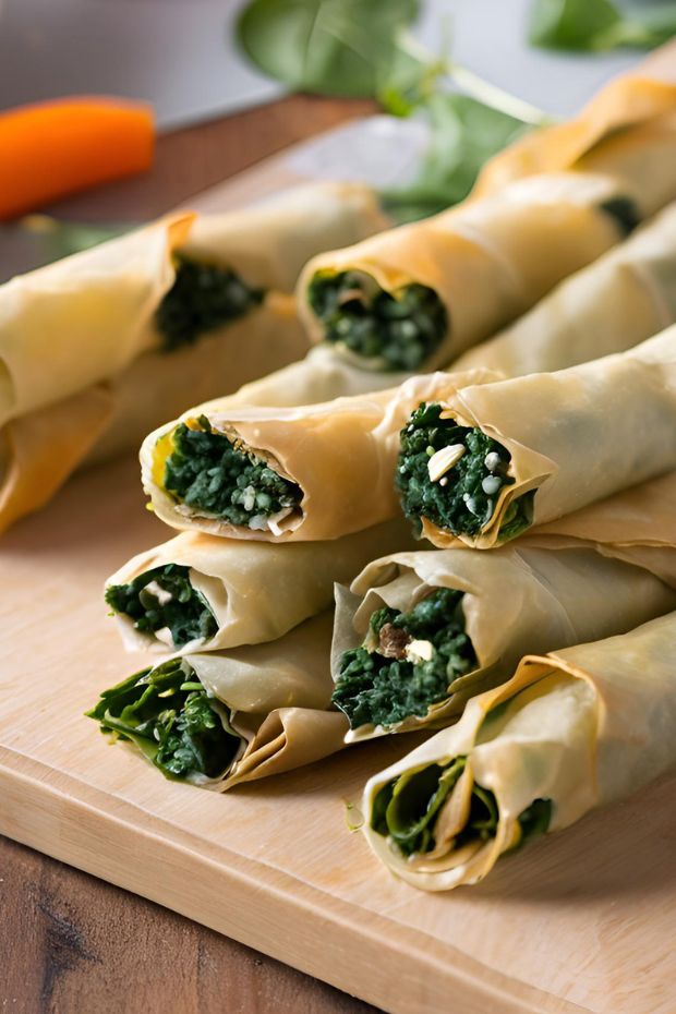 Crispy spinach and feta filo cigar rolls, a delectable Mediterranean-inspired snack or appetizer.
