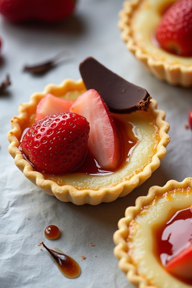 Mini tarts topped with fresh strawberries and balsamic drizzle, showcasing a delightful pastry dessert.