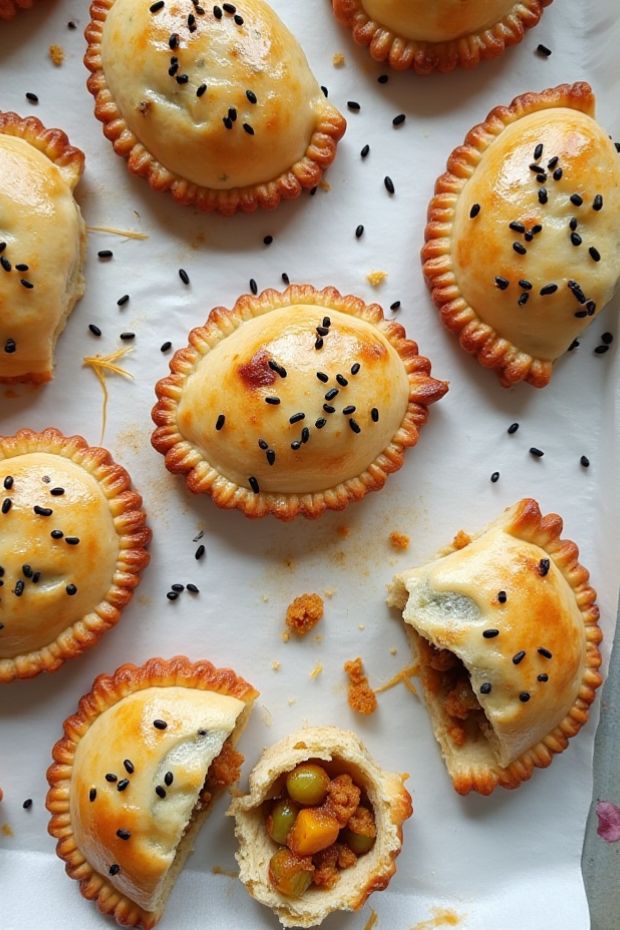 Savory sweet potato and cheddar empanadas baked to perfection with a golden crust and sesame seeds.