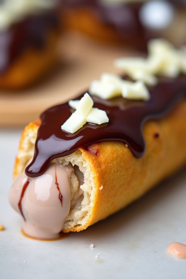Delicious triple chocolate eclairs with creamy filling and glossy chocolate glaze, topped with white chocolate shavings.