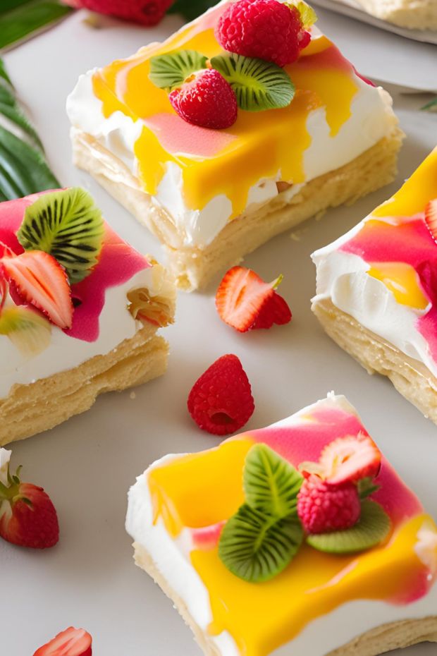 Tropical Pavlova Cake Squares topped with fresh fruits and cream, showcasing vibrant colors and textures for a perfect dessert.