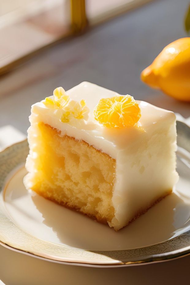 Yuzu honey cloud cake served on a plate garnished with citrus slices and flowers.
