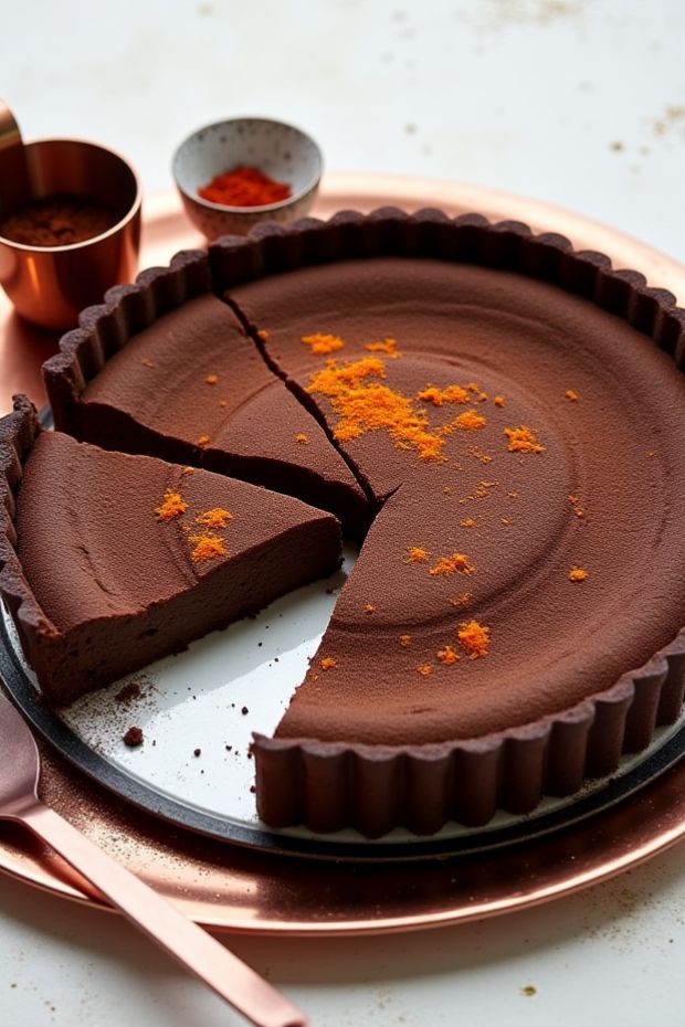 Ancho Chili Ganache Tart with a rich chocolate filling and spicy chili accent, served on a copper platter.