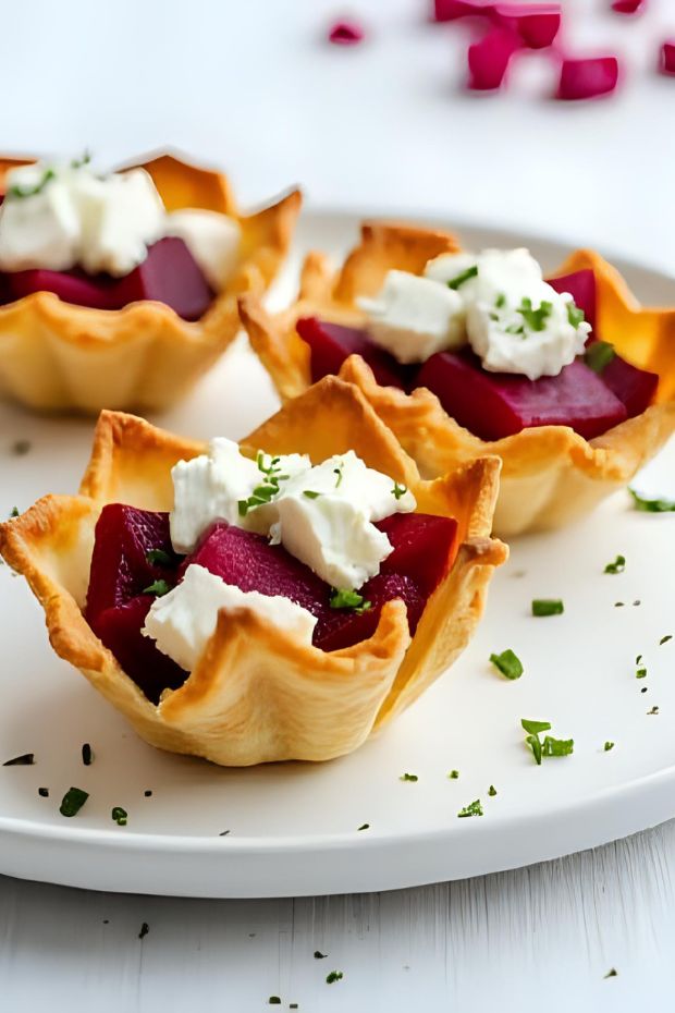 Crisp filo baskets filled with roasted beetroot and crumbled feta cheese, topped with fresh herbs.