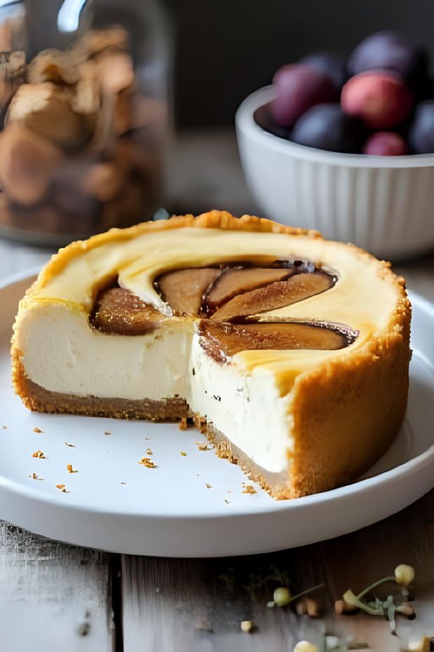 Savory-sweet Blue Cheese and Fig Cheesecake with honey-fig swirl atop a biscuit-thyme crust.