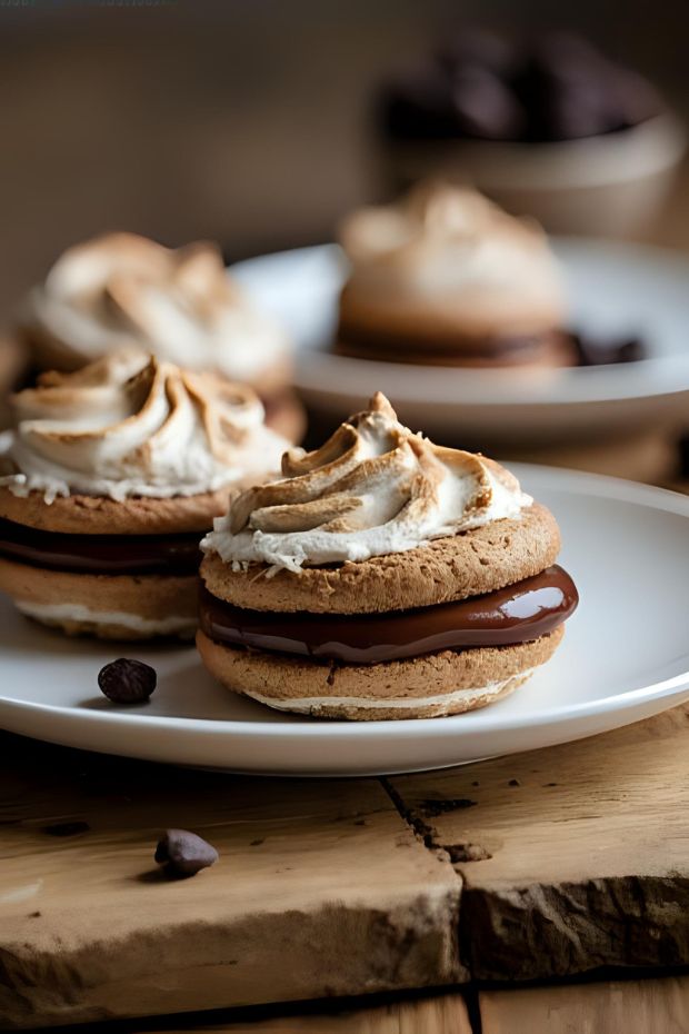 Cacao Nib Meringue Sandwiches with chocolate ganache filling on a white plate.