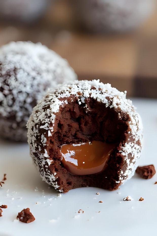 Coconut Ash Brownie Bombs with molten ganache core, featuring a chocolatey exterior dusted with coconut ash.