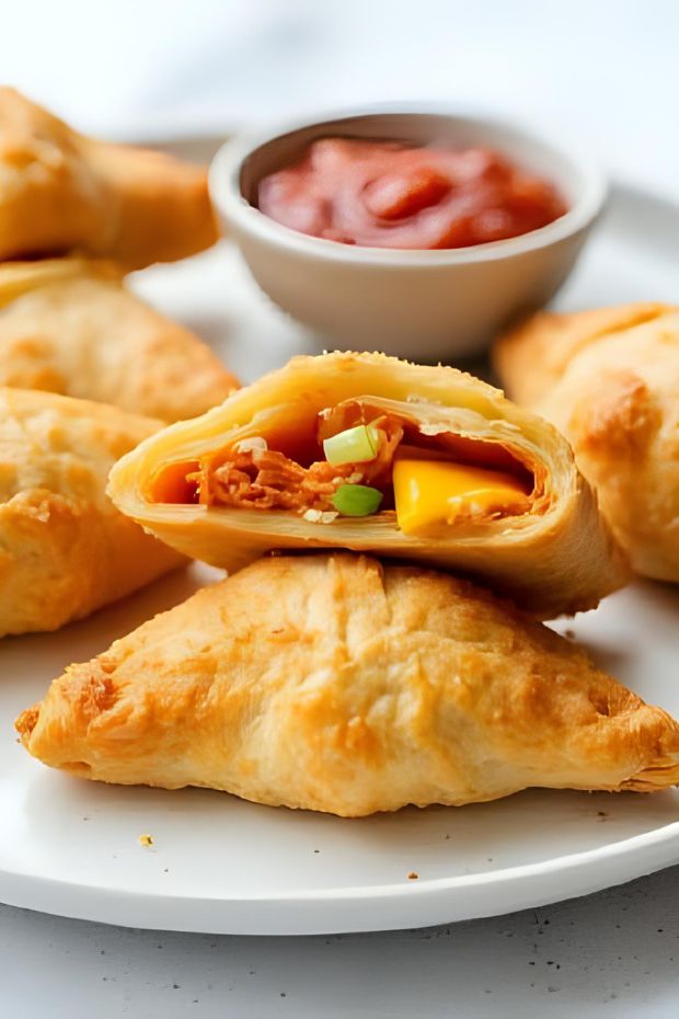 Crispy Kimchi Cheese Turnovers with kimchi, cheddar, and scallions served with tomato sauce.