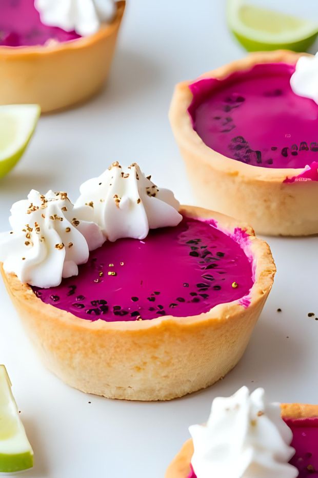 Vivid dragon fruit and lime tarts featuring a pink filling with coconut whipped cream topping.