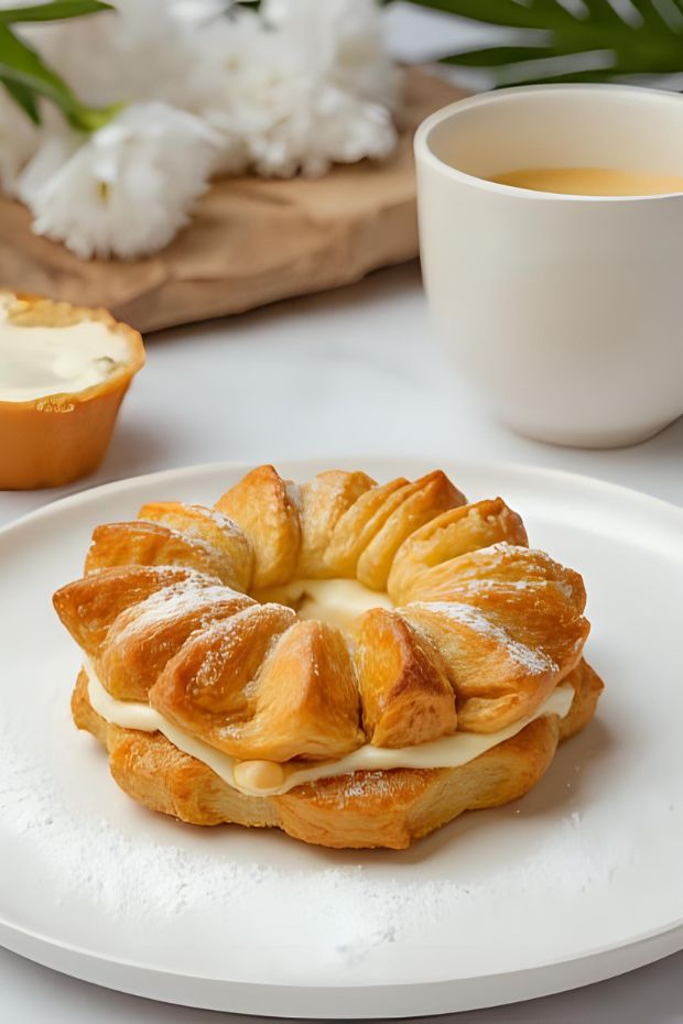 Elderflower Paris-Brest with almond praline cream served on a white plate next to a cup of coffee.