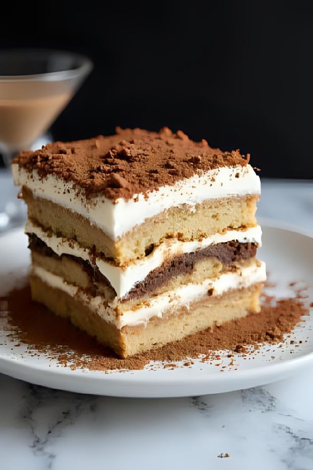 Espresso Martini Tiramisu Cake featuring layers of espresso-soaked sponge, vodka mascarpone cream, and cocoa dusting.