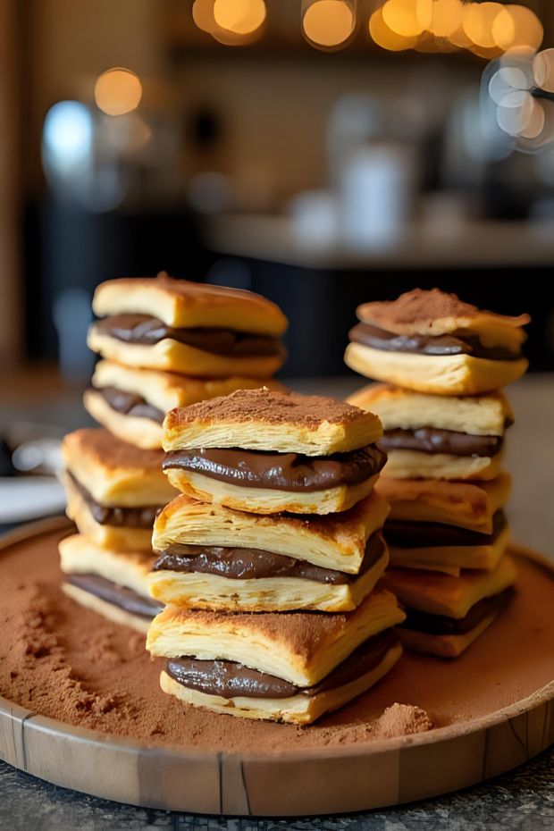 Layered puff pastries with rich espresso ganache and cocoa-dusted truffle crumbs for an elegant dessert.