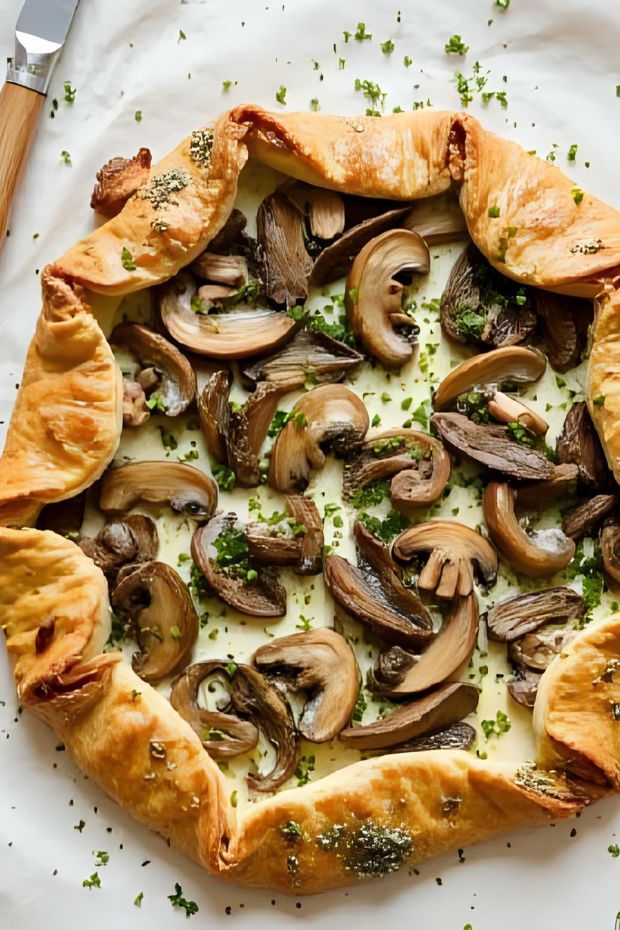 Rustic Garlic Mushroom Galette featuring roasted mushrooms and herbed cream cheese in a flaky pastry crust.
