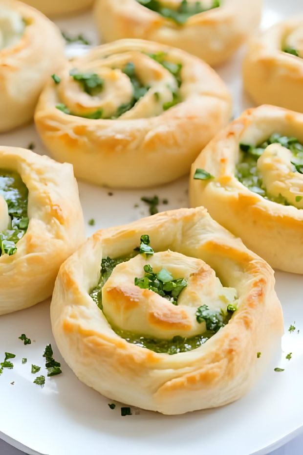 Herb Ricotta Pinwheels: Spiral puff pastries filled with lemon ricotta and fresh herbs for an elegant appetizer.