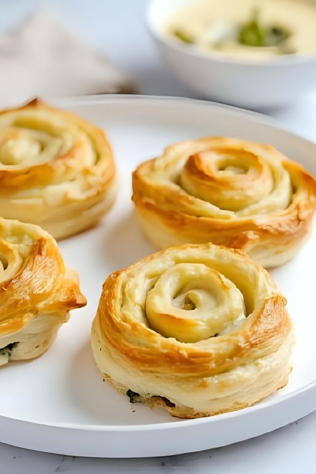 Savory Leek & Blue Cheese Puff Spirals on a white plate, perfect for appetizers or snacks.