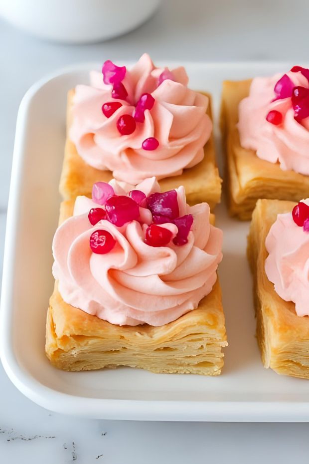 Lychee Hibiscus Puff Squares topped with pink cream and garnished with fruit, perfect for tropical desserts.